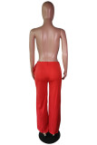 Red Elastic Fly Sleeveless Mid Solid ruffle Loose Pants Pants