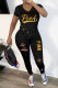 Black Fashion Casual Letter Print Ripped V Neck Short Sleeve Two Pieces