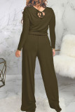 Green Fashion Sexy Adult Polyester Solid Draw String O Neck Loose Jumpsuits