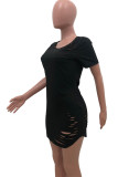 Black Sexy Short Sleeves O neck Asymmetrical Mini hole Solid hollow out asymmetrical Dresses