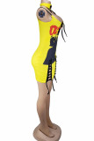 Yellow Polyester Sexy Street Spaghetti Strap Sleeveless Slip Pencil Dress skirt Print bandage Club Dresses