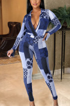 Blue Fashion Sexy Geometric V Neck Long Sleeve Flare Sleeve Two Pieces
