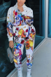 White Casual Print Patchwork Hooded Collar Long Sleeve Two Pieces