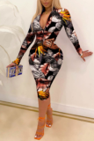 Blue Sweet Print Split Joint V Neck Pencil Skirt Dresses