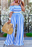 Pink Fashion Casual Striped Print Basic Oblique Collar Short Sleeve Two Pieces