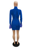 Color Blue Celebrities Solid Patchwork O Neck Pencil Skirt Dresses