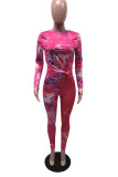 rose red Sexy Tie Dye Tie-dye O Neck Long Sleeve Regular Sleeve Two Pieces