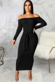 Wine Red Polyester Sexy Off The Shoulder Long Sleeves One word collar Swagger Ankle-Length Solid Patchwork L