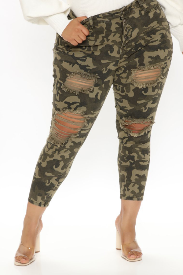 Army Green Fashion Camouflage Print Ripped Plus Size 
