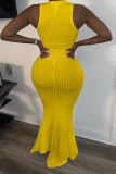 Yellow Sexy Sleeveless Halter Neck Mermaid Floor-Length Solid Dresses