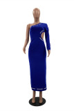 Deep Blue Fashion Sexy Letter Hollowed Out Oblique Collar Long Sleeve Dresses