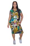 Black Green Polyester Fashion adult Street White Black Grey Orange Yellow Black Green cartoon Multi-color Cap Sleeve Short Sleeves O neck A-Line Mid-Calf Print Patchwork Ombre bandage Colouring Dresses