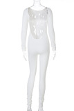 White Sexy Solid Backless O Neck Skinny Jumpsuits