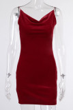Burgundy Sexy Gradual Change Patchwork Backless Fold Spaghetti Strap Straight Dresses