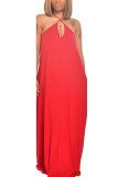 Red Fashion Casual adult Ma'am Spaghetti Strap Sleeveless V Neck Swagger Floor-Length Solid backless Dresses
