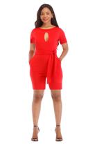Red Sexy Fashion bandage Patchwork Solid Hollow Polyester Short Sleeve O Neck