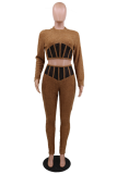 Coffee Casual Solid Patchwork Mesh Half A Turtleneck Long Sleeve Two Pieces