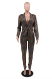 Gold Fashion Casual Solid Patchwork Turndown Collar Long Sleeve Two Pieces