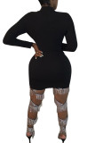 Black Fashion Sexy adult Ma'am Cap Sleeve Long Sleeves O neck Step Skirt skirt Solid chain Dresses