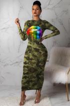 Camouflage Polyester adult OL Fashion Cap Sleeve Long Sleeves O neck Step Skirt Mid-Calf lip Print camouflage