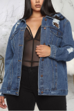 Blue Casual Solid Ripped Turndown Collar Plus Size