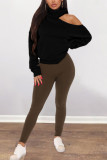 Khaki Fashion Casual Adult Polyester Solid Pullovers Bateau Neck Outerwear