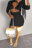 Black Fashion Sexy Solid Hollowed Out Turtleneck Short Dresses