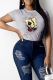 Grey Casual Character Patchwork O Neck Tops