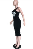 Black Sexy Casual Letter Print Basic O Neck Vest Dress