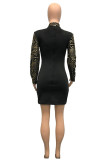 Gold Fashion Sexy Embroidery Sequins Patchwork Half A Turtleneck Long Sleeve Dresses