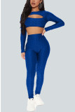 Tibetan Blue Sexy Solid Hollowed Out O Neck Long Sleeve Two Pieces