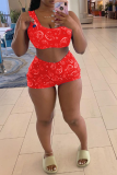 Red Sexy Print Patchwork One Shoulder Sleeveless Two Pieces