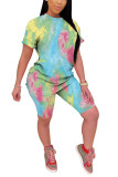 Pink Polyester Fashion Casual adult Patchwork Print Tie Dye Two Piece Suits Straight Short Sleeve Two Pieces