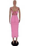 Pink Polyester Sexy Casual adult Pink Orange rose red Spaghetti Strap Sleeveless Slip Step Skirt Mid-Calf Patchwork Solid Draped Dresses