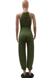 Army Green Sexy Solid With Belt Halter Loose Jumpsuits