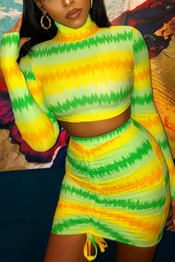 Yellow Casual Striped Patchwork Draw String Turtleneck Long Sleeve Two Pieces