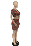 Red Fashion Sexy Print Basic V Neck Short Sleeve Two Pieces