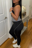 Black Casual Sportswear Striped Patchwork U Neck Skinny Jumpsuits