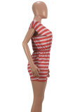 Red Fashion Sexy Print Striped Patchwork Short Sleeve V Neck Jumpsuits