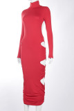 Red Fashion Street Elegant Solid Hollowed Out Patchwork Backless O Neck A Line Dresses
