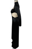 Black Polyester Sexy Cap Sleeve Long Sleeves Mandarin Collar Step Skirt Ankle-Length Solid
