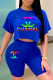Royal Blue Casual Print Patchwork Half A Turtleneck Short Sleeve Two Pieces
