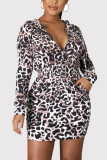 Leopard Print Fashion Casual Print Basic Hooded Collar Long Sleeve Dress