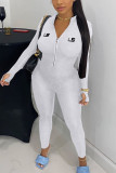 White Fashion Sportswear Adult Letter Embroidered Letter O Neck Skinny Jumpsuits