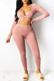Pink Sexy Solid Patchwork Backless V Neck Long Sleeve Two Pieces