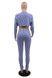 Blue Sexy Print Split Joint V Neck Long Sleeve Three Pieces