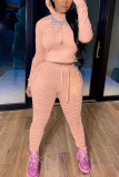 Light Pink Fashion Casual Adult Solid Fold Hooded Collar Long Sleeve Regular Sleeve Regular Two Pieces