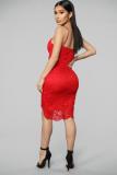 Red Polyester Sexy Fashion Spaghetti Strap Sleeveless Slip Asymmetrical Knee-Length asymmetrical Solid P