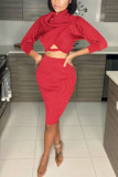 Red Sexy Solid Fold Long Sleeve Two Pieces