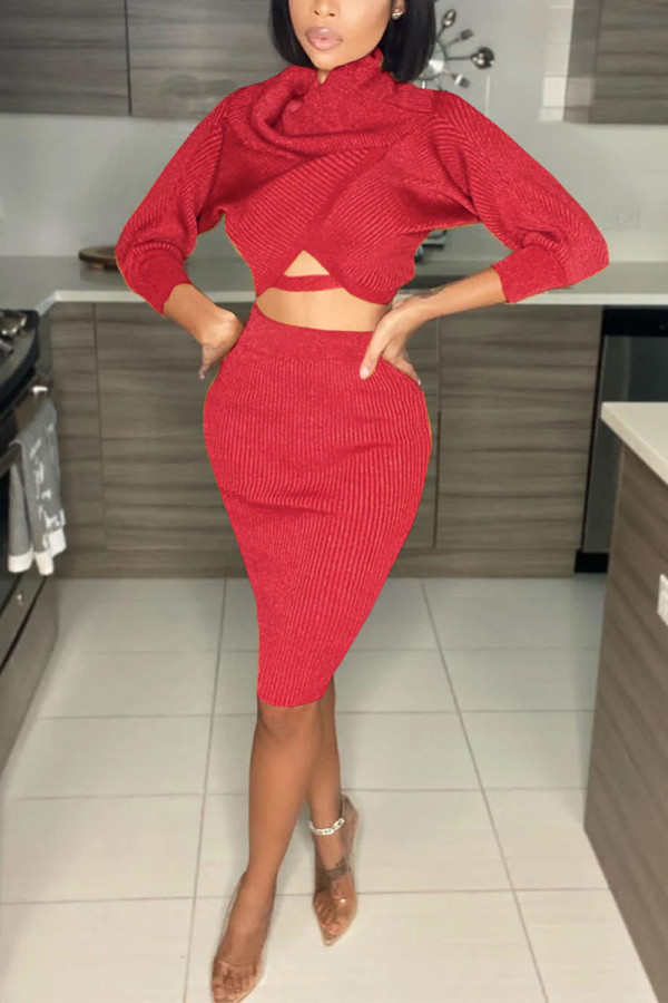 Red Sexy Solid Fold Long Sleeve Two Pieces